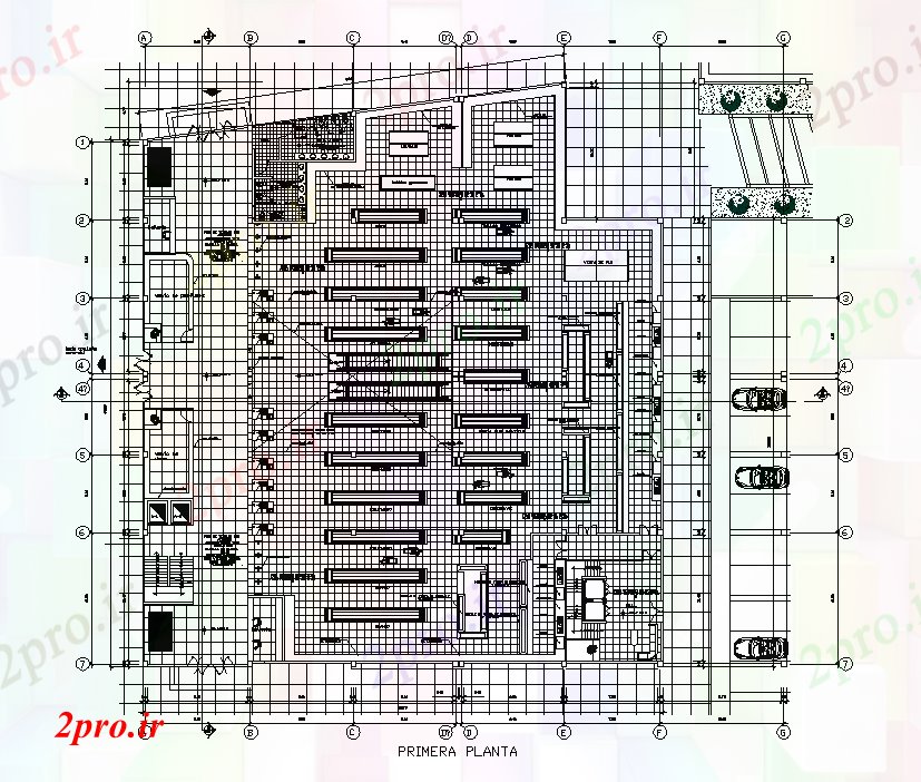 دانلود نقشه هایپر مارکت - مرکز خرید - فروشگاه X52 متر مرکز خرید طبقه همکف 52 در 54 متر (کد167309)