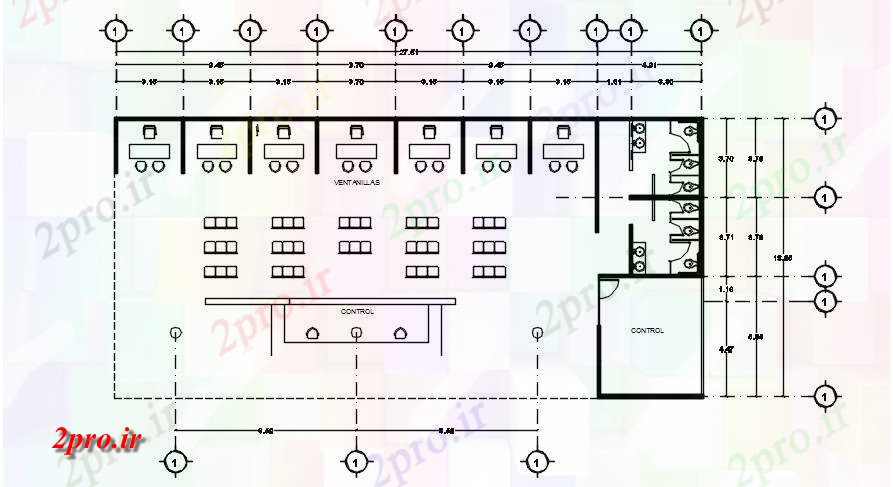 دانلود نقشه ساختمان اداری - تجاری - صنعتی آرایش صندلی از طرحی دفتر 51x14m This 13 در 28 متر (کد167534)
