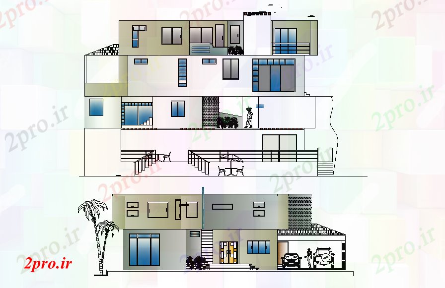 دانلود نقشه مسکونی  ، ویلایی ، آپارتمان  دیدگاه نما از طرحی ساختمان مسکونی 19x19m    (کد167601)