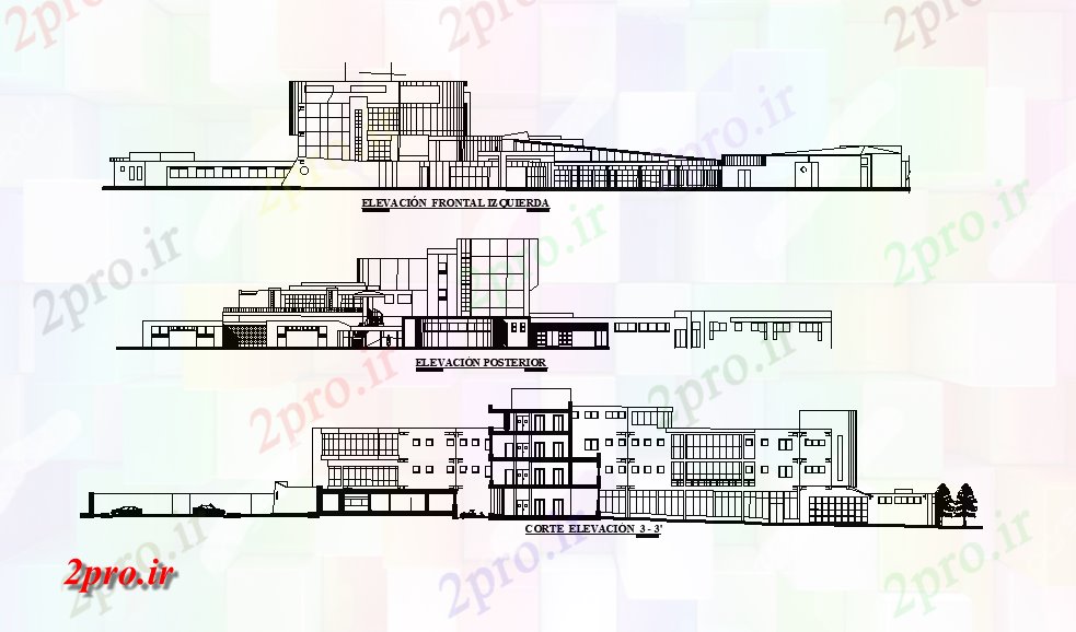 دانلود نقشه بیمارستان - درمانگاه - کلینیک بخش و نما طرحی ساختمان بیمارستان 89 در 93 متر (کد167616)