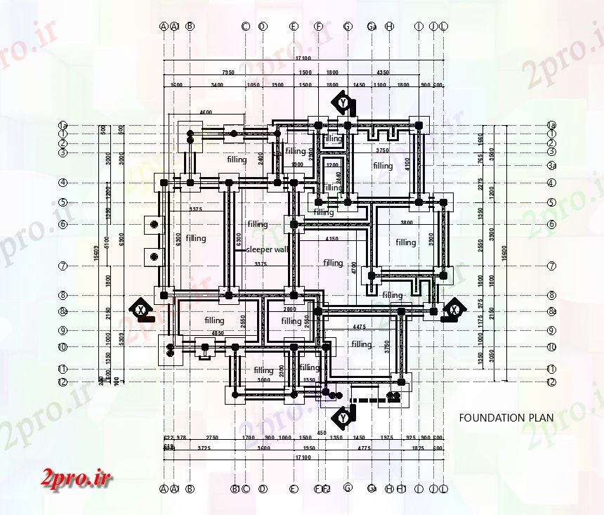 دانلود نقشه جزئیات پایه طرحی بنیاد 17x17m زمین طرحی خانه طبقه     (کد167670)