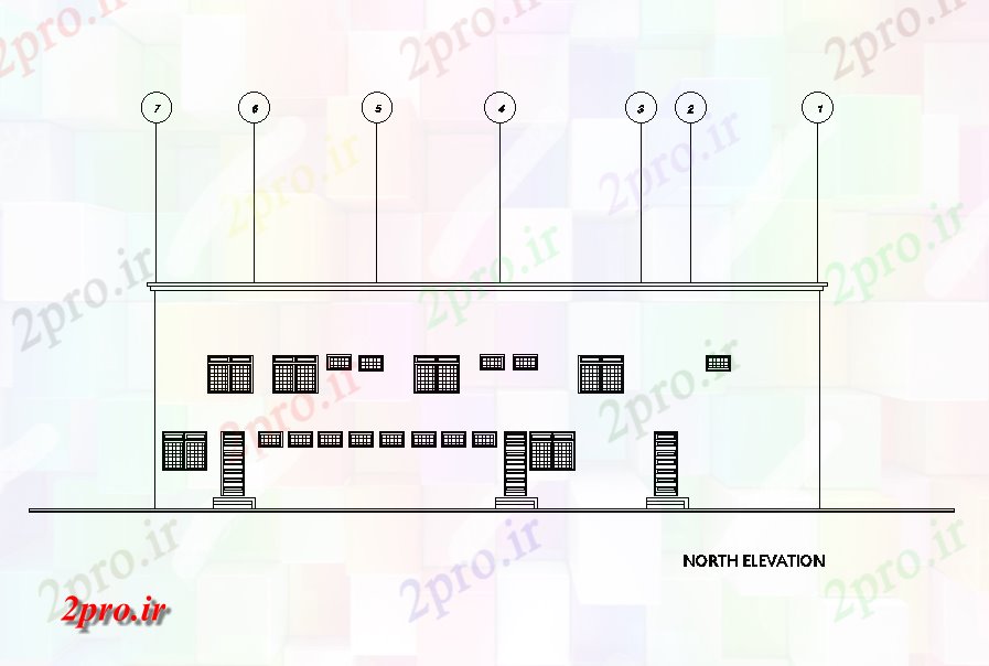 دانلود نقشه ساختمان اداری - تجاری - صنعتی نما ضلع شمالی طرحی دفتر 26x12m اتوکد رسم 10 در 15 متر (کد167750)