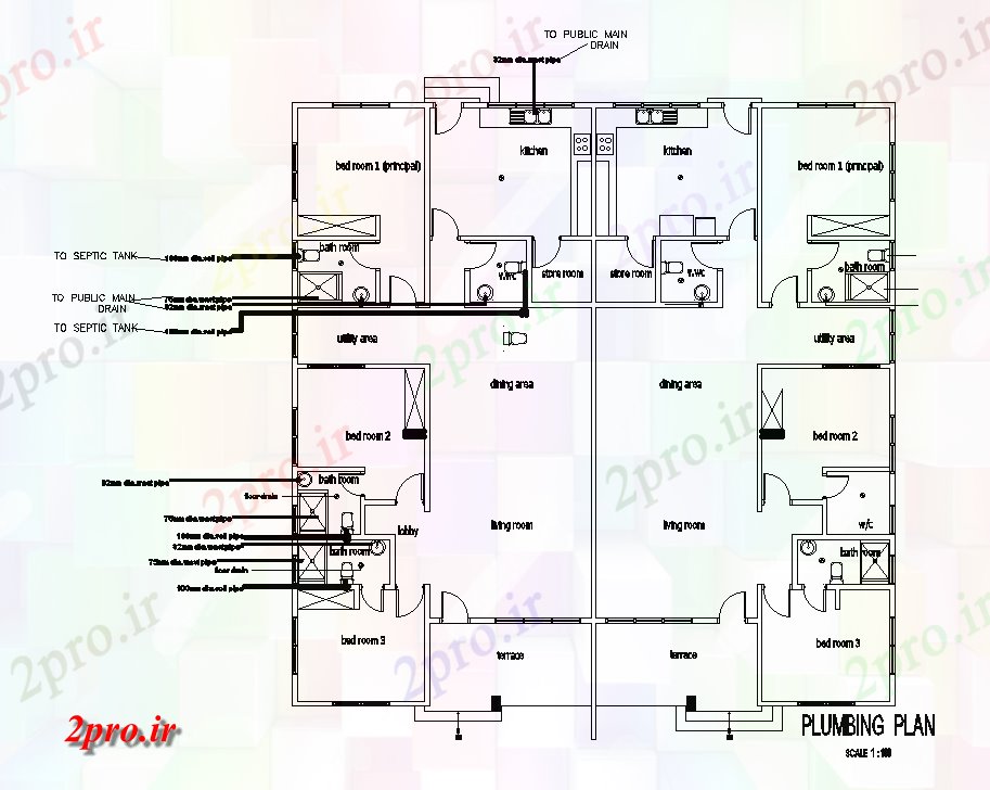 دانلود نقشه جزئیات لوله کشی لوله کشی طرحی از طرحی ساختمان مسکونی 18x18m  اتوکد  رسم model  (کد168056)
