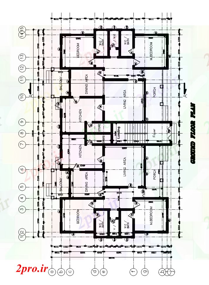 دانلود نقشه مسکونی ، ویلایی ، آپارتمان x15m طرحی طبقه همکف ساختمان مسکونی 14 در 25 متر (کد168059)