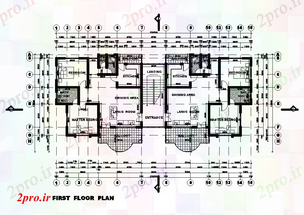 دانلود نقشه معماری x13m طبقه اول طرحی خانه دوقلو   (کد168221)