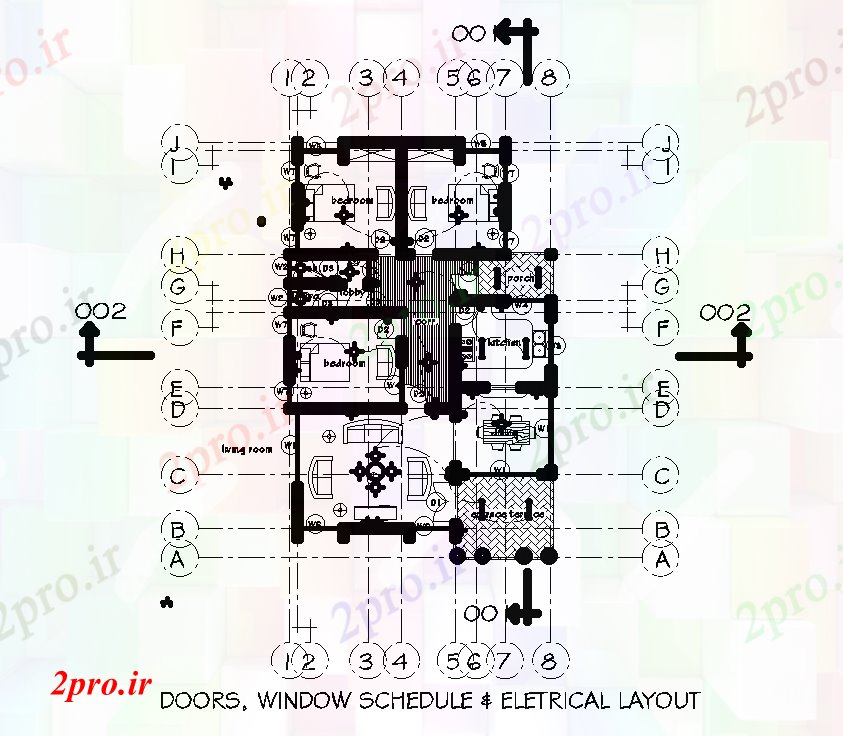 دانلود نقشه جزئیات طراحی در و پنجره  برنامه درب و پنجره ها از طرحی خانه 10x15m  طرحی برق از طرحی خانه  طراحی     (کد168236)