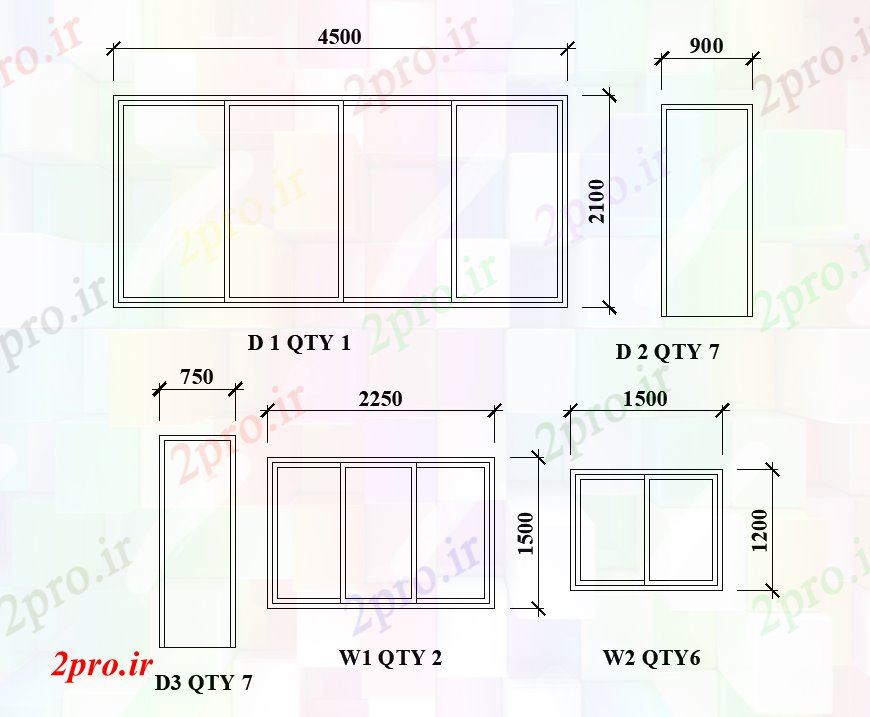 دانلود نقشه جزئیات طراحی در و پنجره  x2100mm پنجره ها و طرحی درب برای طرحی خانه 10x15m   (کد168447)