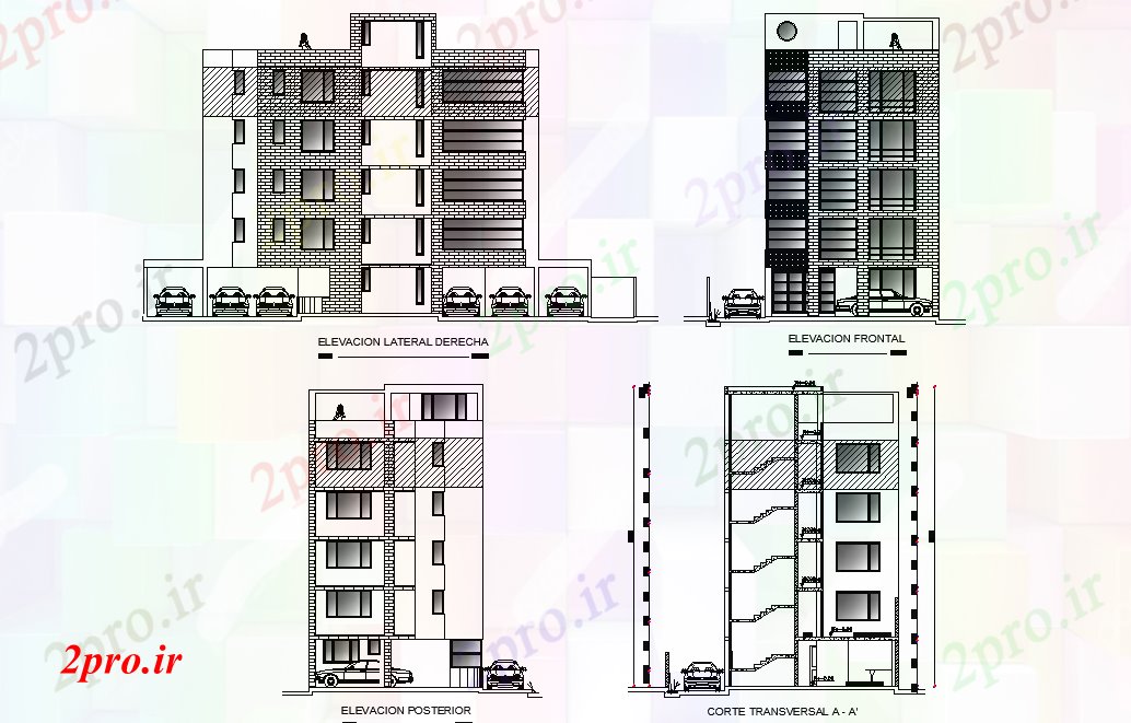 دانلود نقشه پلان مقطعی نما و بخش نظر طرحی ساختمان آپارتمان   12x25m  (کد168646)