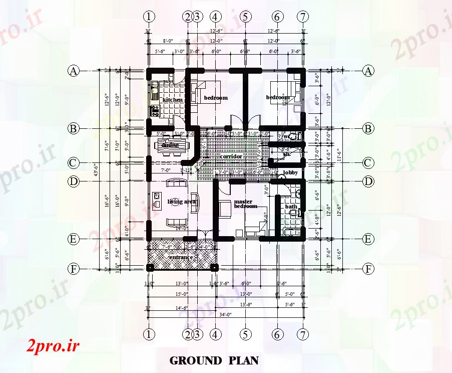 دانلود نقشه مسکونی  ، ویلایی ، آپارتمان  طرحی خانه 34'x44    (کد168759)