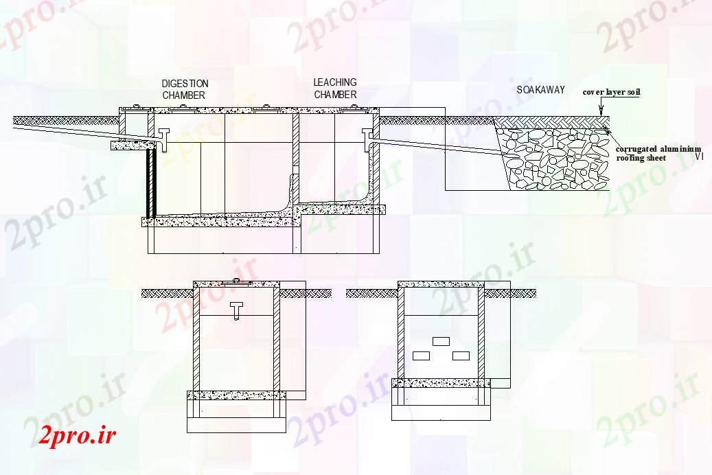 دانلود نقشه بلوک های بهداشتی مخزن هضم خانه 18x17m طرحی توالت  اتوکد  (کد168802)