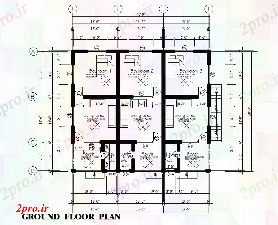 دانلود نقشه مسکونی  ، ویلایی ، آپارتمان  طرحی خانه طبقه همکف 40'x32    (کد168827)