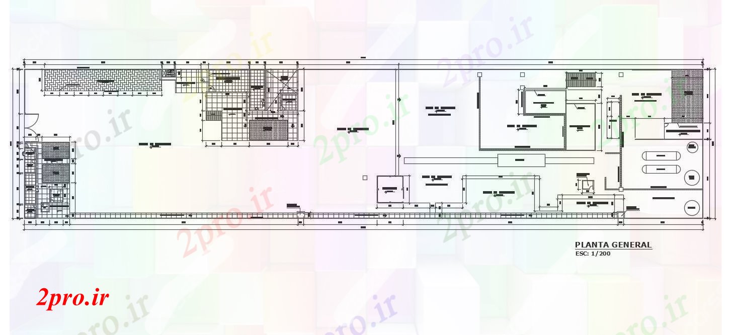 دانلود نقشه ساختمان اداری - تجاری - صنعتی X 38 متر دفتر طرحی طبقه همکف اتوکد 37 در 170 متر (کد168844)