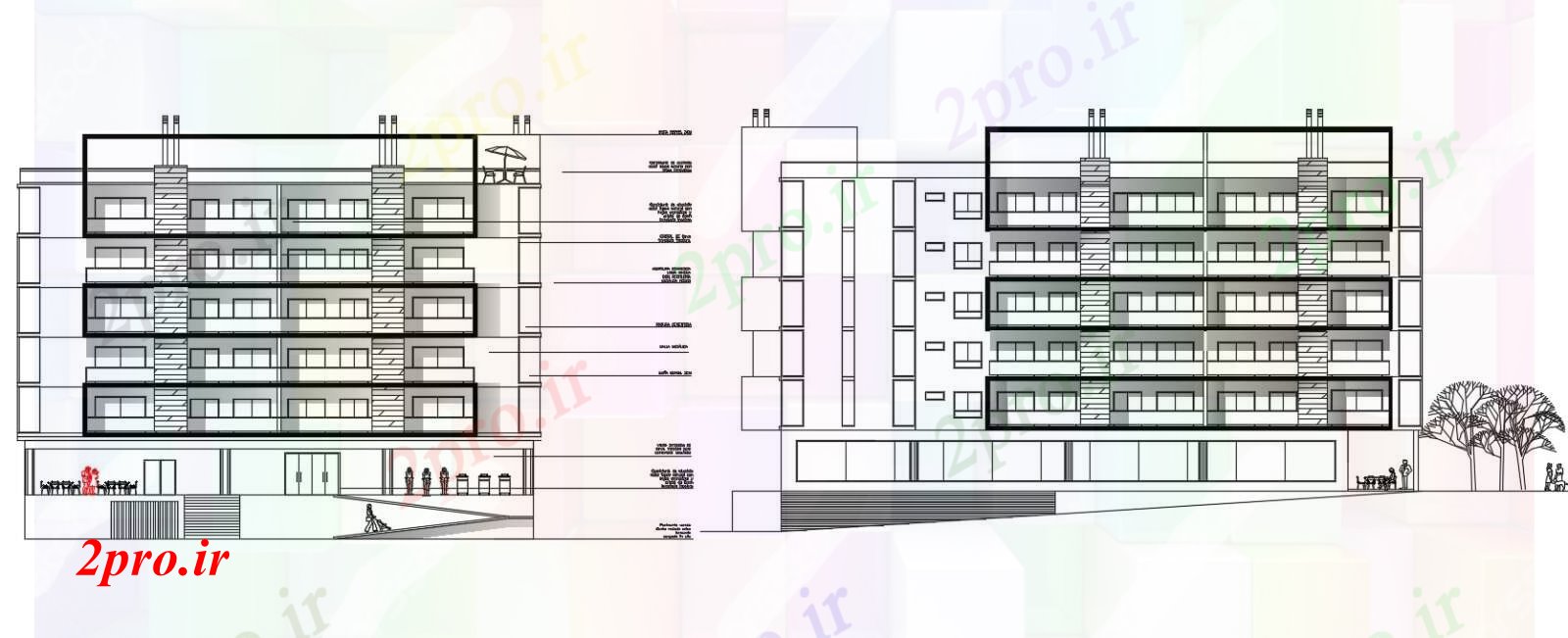دانلود نقشه مسکونی  ، ویلایی ، آپارتمان  سطحی آپارتمان   ساختمان جلو و سمت  نمای (کد168879)