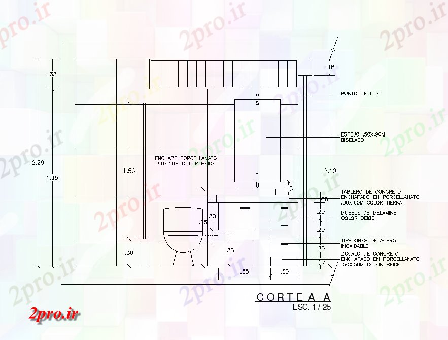 دانلود نقشه پلان مقطعی  بخش از طرحی 276x16m توالت  مدل   در دسترس   (کد168964)