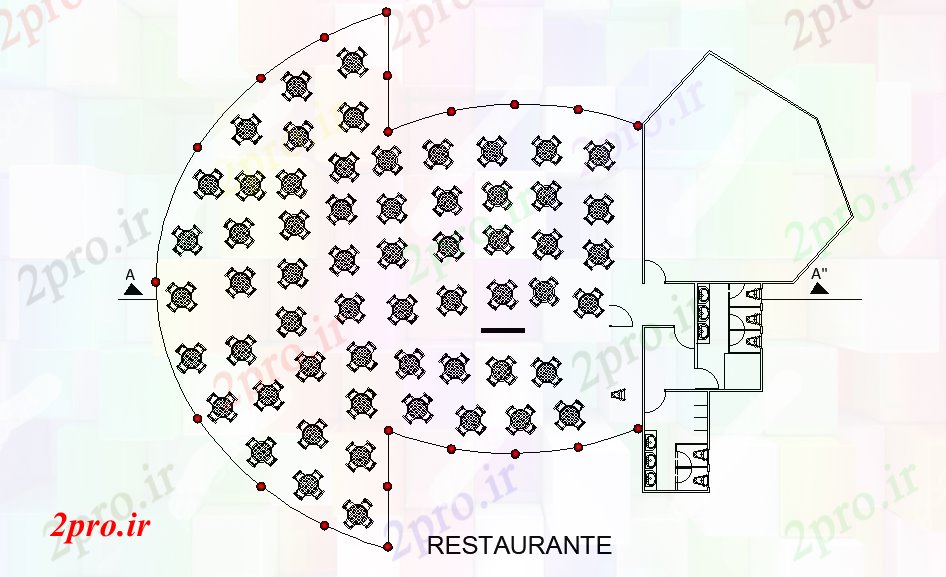 دانلود نقشه هتل - رستوران - اقامتگاه طرحی رستوران زیبا 25 در 33 متر (کد169148)