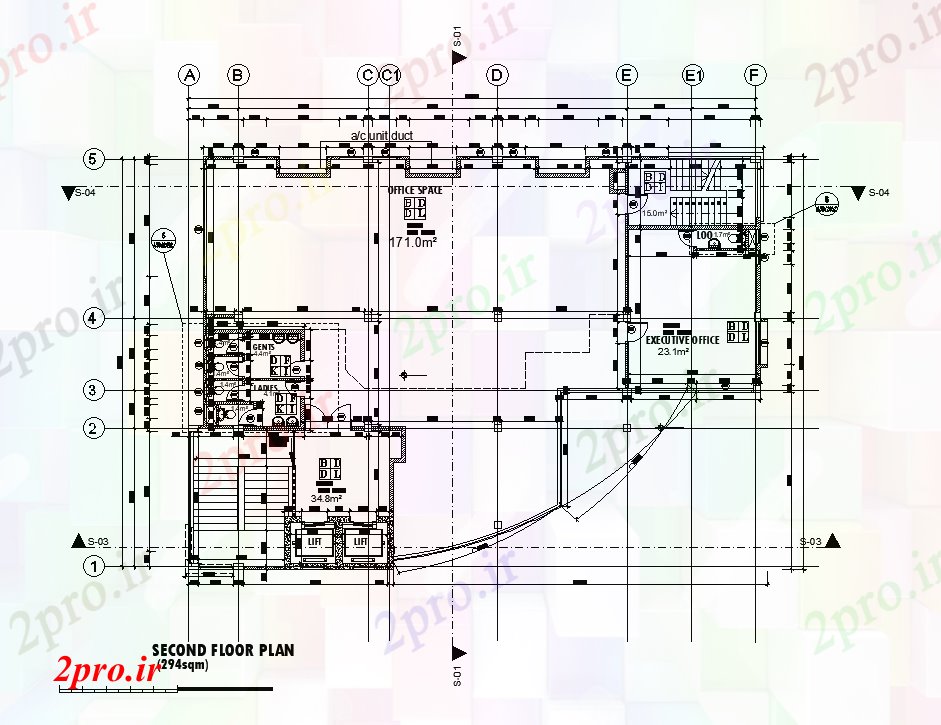 دانلود نقشه ساختمان اداری - تجاری - صنعتی x17m دوم طرحی دفتر طبقه draiwing 17 در 24 متر (کد169216)