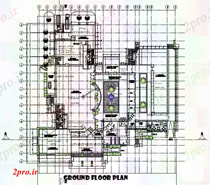 دانلود نقشه ساختمان اداری - تجاری - صنعتی معماری کتابخانه و ساختمان اداری طبقه همکف 87 در 87 متر (کد169264)