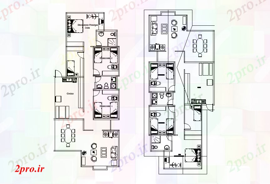 دانلود نقشه خانه های کوچک ، نگهبانی ، سازمانی - BHK خانه طبقه همکف و طبقه اول طرحی نشیمن  (کد169361)