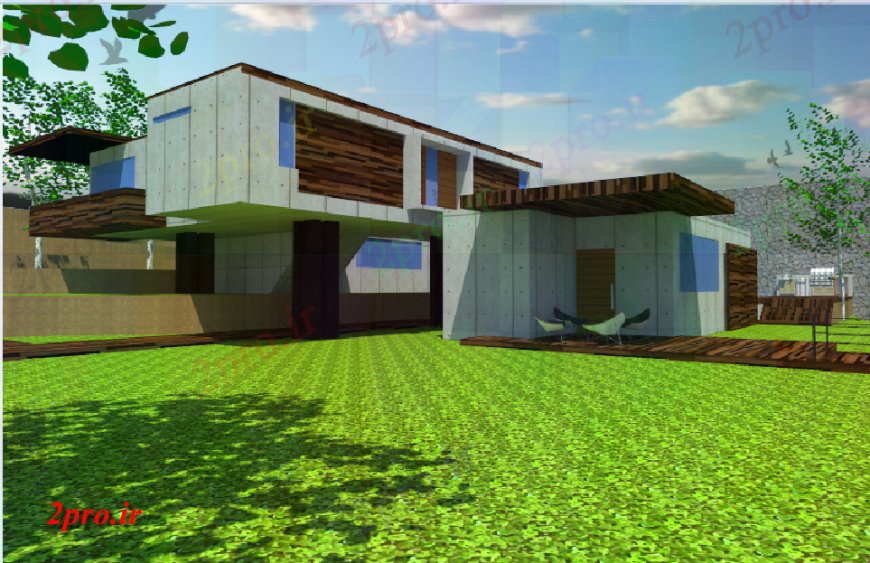 دانلود تری دی  دو سطح خانه ویلا ارتفاع D با چمن منطقه  طراحی جزئیات  کد  (کد24942)