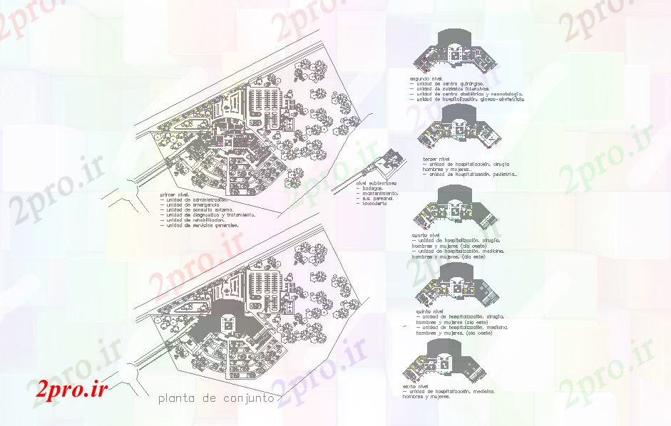 دانلود نقشه جزئیات بیمارستان ، درمانگاه ، مرکز بهداشت8×47 متر (کد27923)