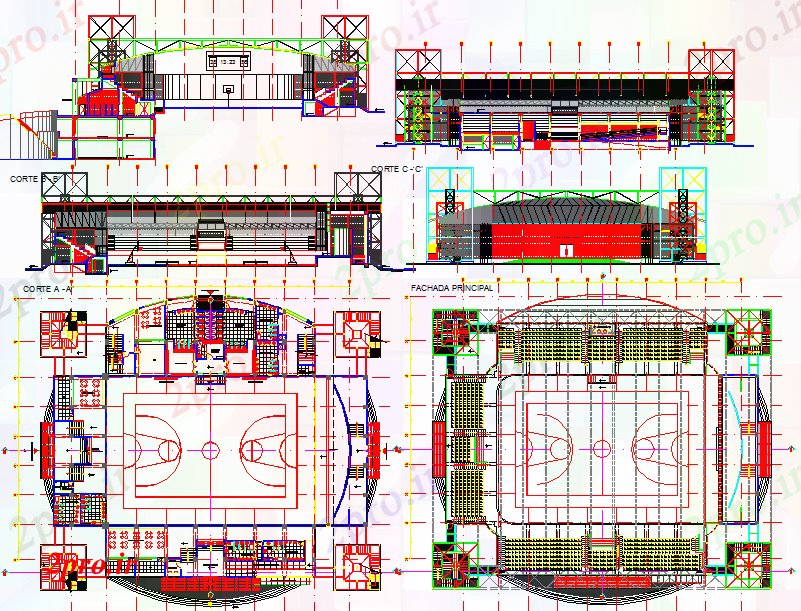 دانلود  نقشه ورزشگاه ، سالن ورزش ، باشگاه 45×48 متر (کد27992)
