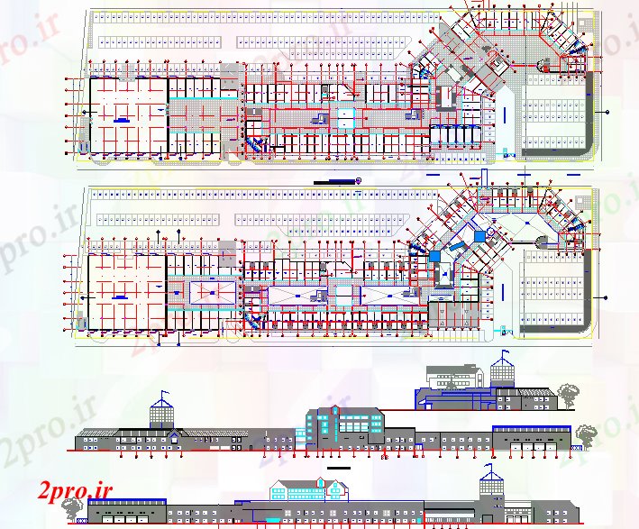دانلود  نقشه مرکز خرید ، هایپر مارکت ، فروشگاه 64×223 متر (کد27994)