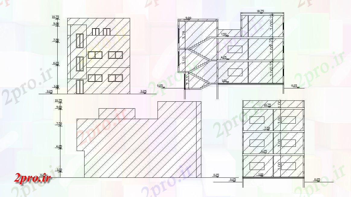 دانلود  نقشه ارتفاعات و بخش از سه طبقه ساختمان طراحی   کد  (کد28106)