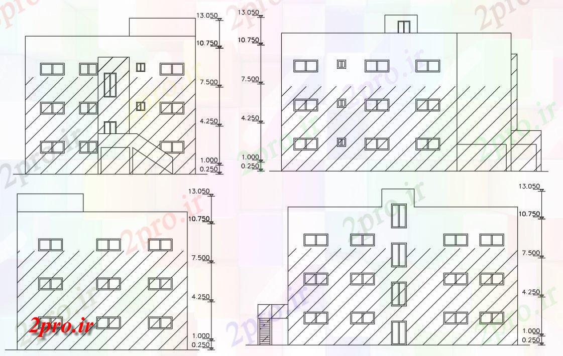 دانلود  نقشه نما و برش ساختمان ، برج ، اپارتمان   (کد28387)