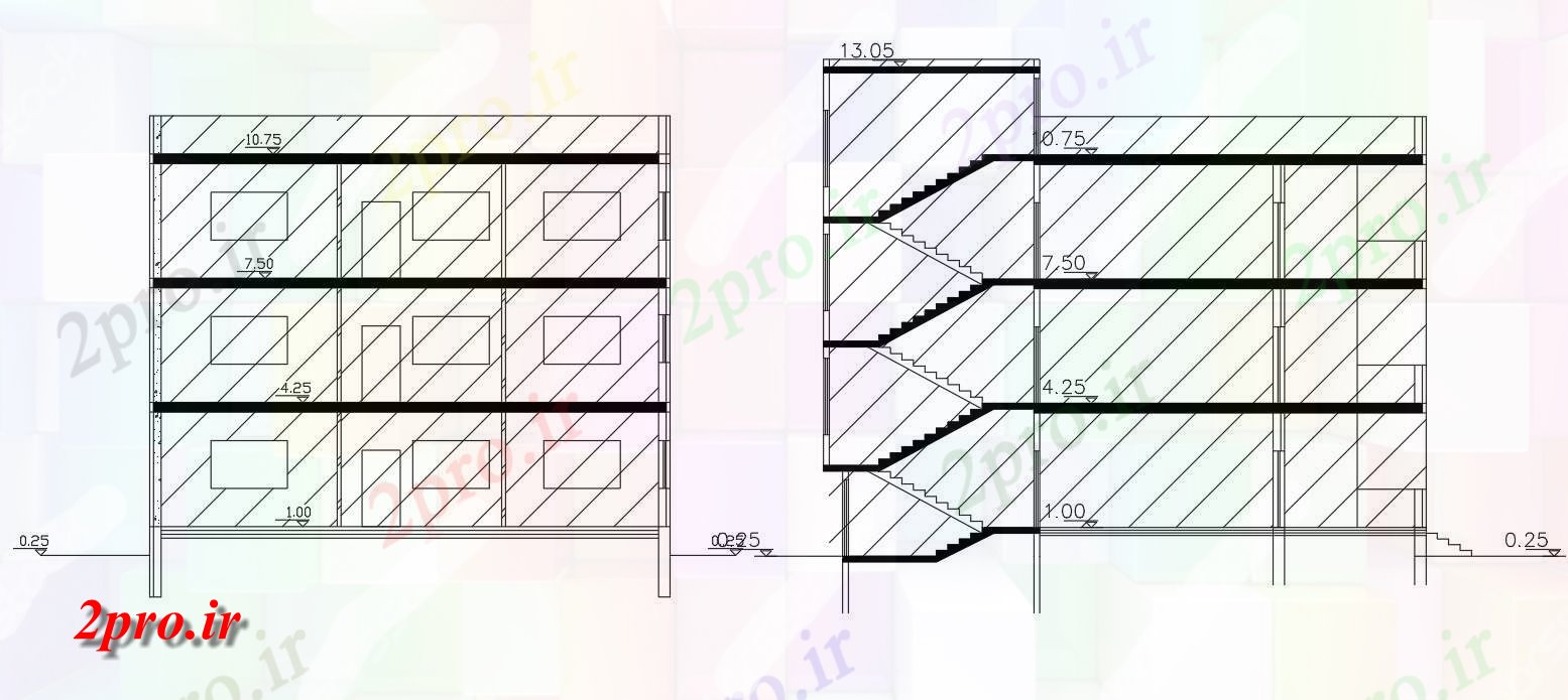 دانلود  نقشه نما و برش ساختمان ، برج ، اپارتمان   (کد28397)