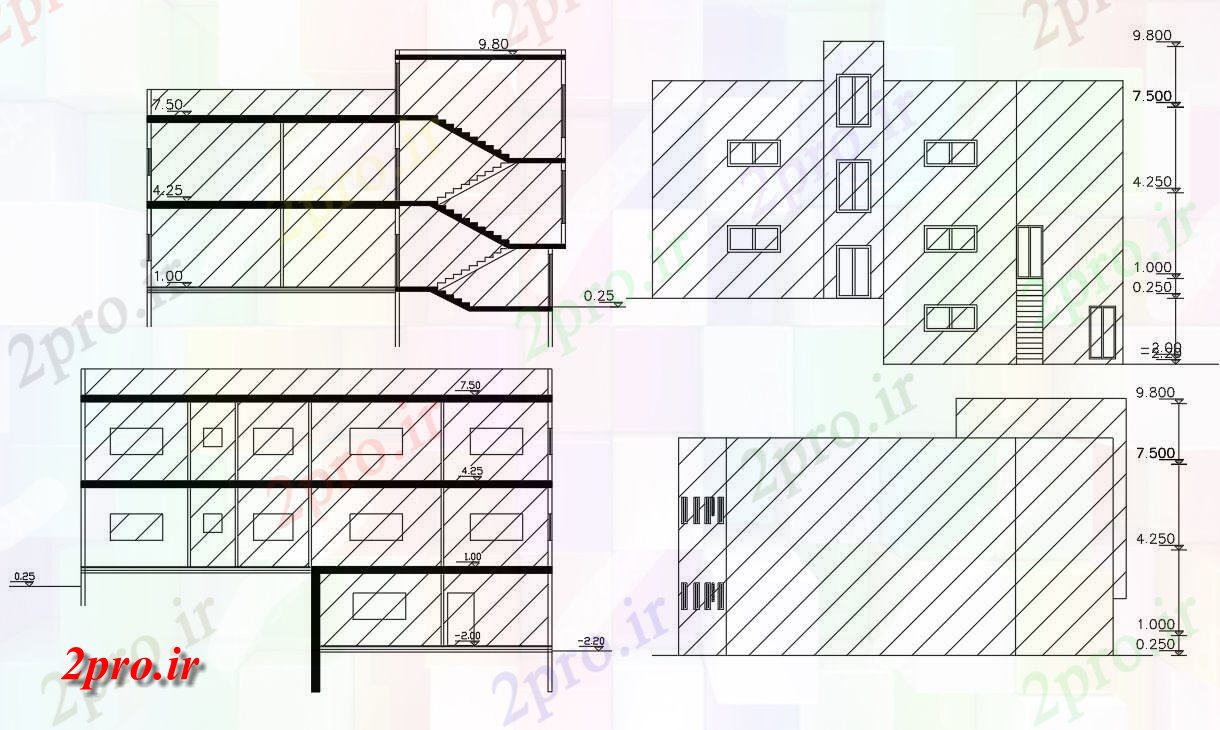 دانلود  نقشه نما و برش ساختمان ، برج ، اپارتمان   (کد28566)