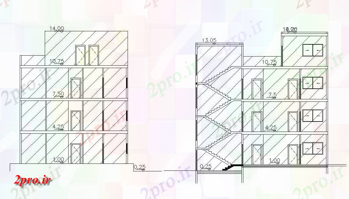 دانلود  نقشه نما و برش ساختمان ، برج ، اپارتمان   (کد29376)