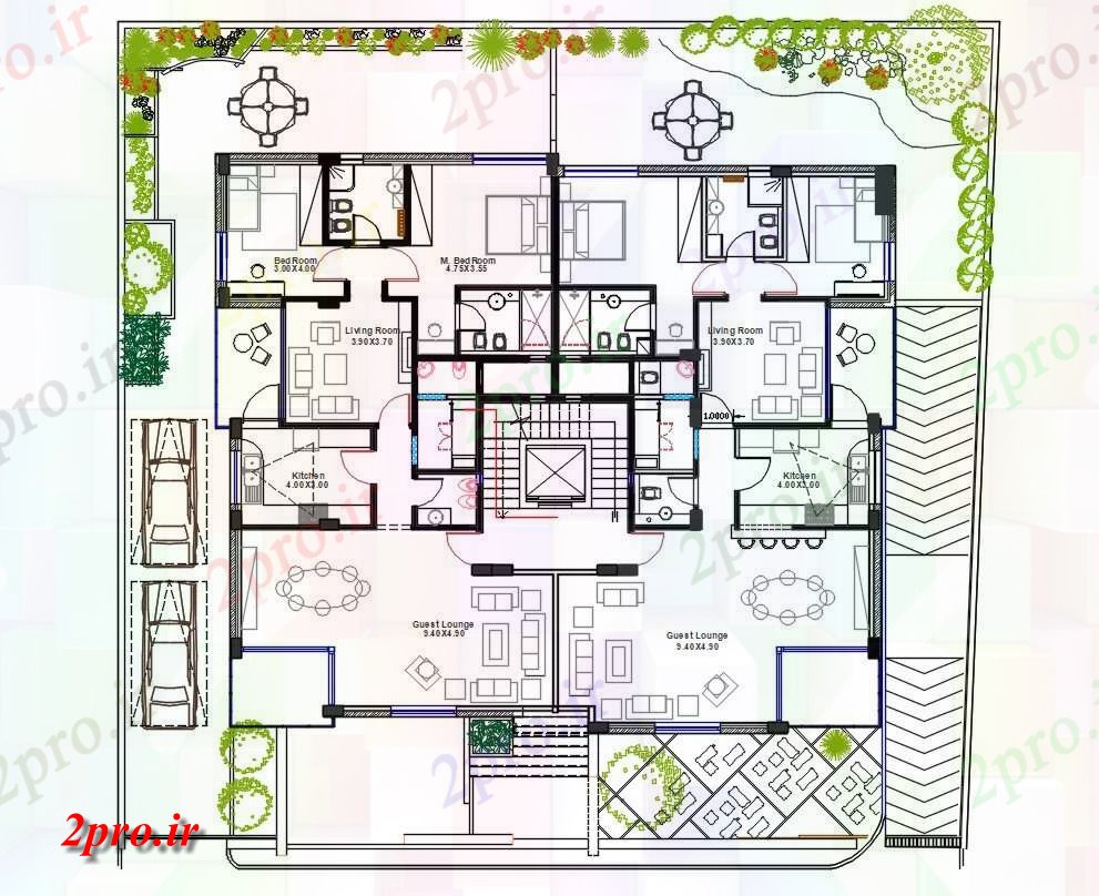 دانلود  نقشه مسکونی ، ویلا ، دوبلکس ، اپارتمان 20×20 متر (کد29444)