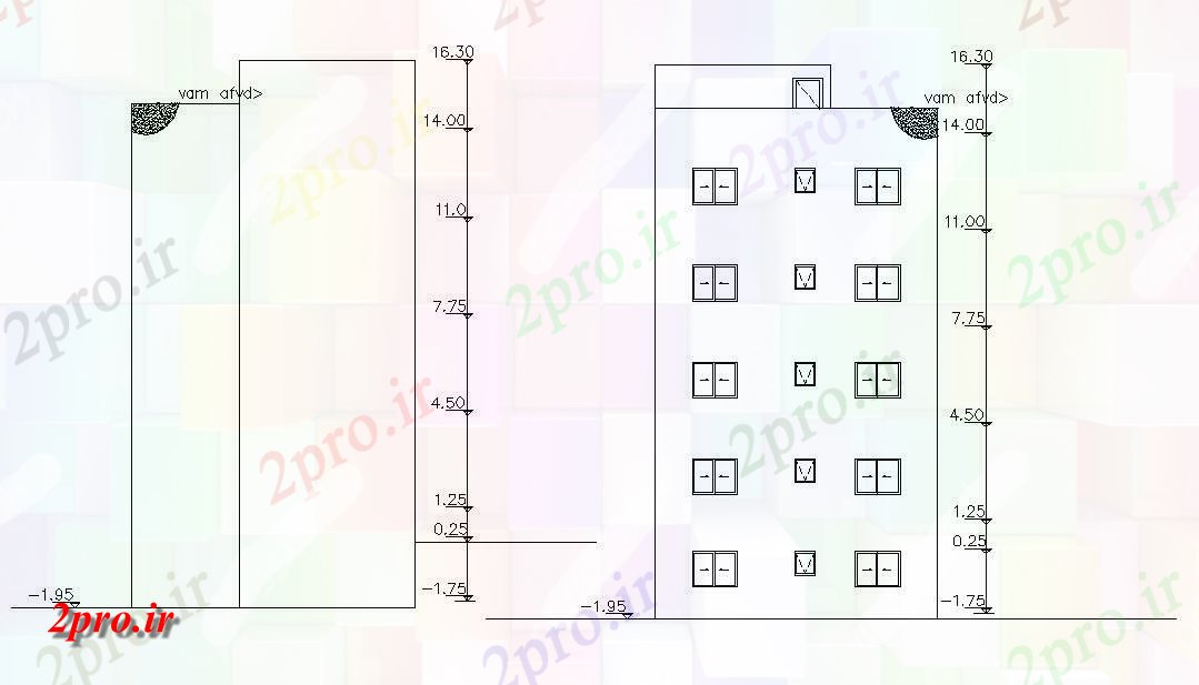 دانلود  نقشه نما و برش ساختمان ، برج ، اپارتمان   (کد29453)