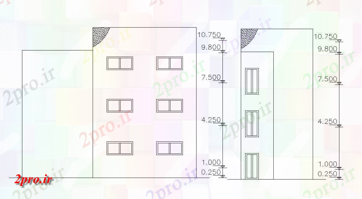 دانلود  نقشه نما و برش ساختمان ، برج ، اپارتمان   (کد29499)