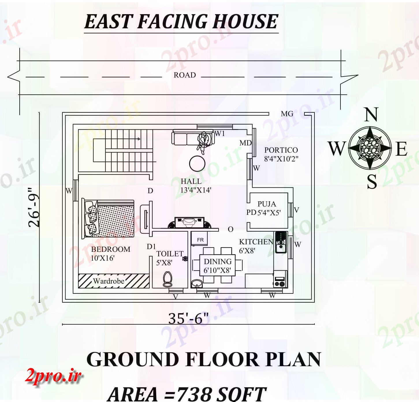 دانلود نقشه 35'6 "x26'9" 1BHK شرق مواجه طرح خانه کوچک به عنوان در هر Vastu را shastra- اتوکد جزئیات فایل  (کد29600)