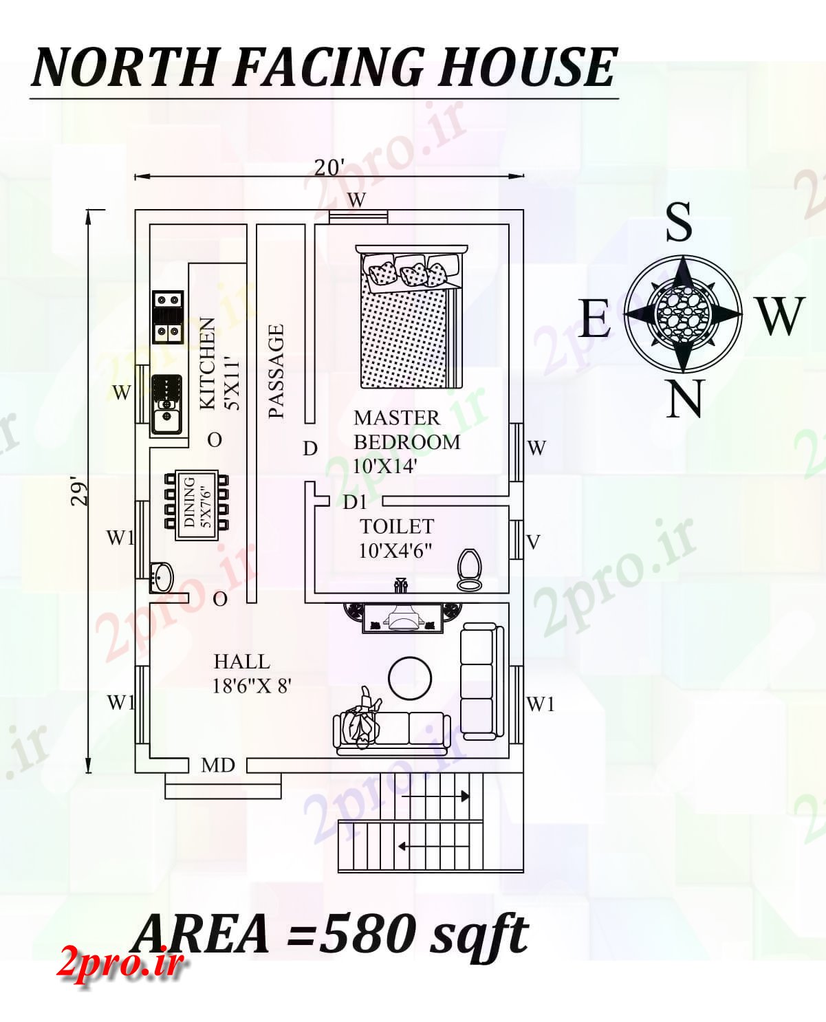 دانلود نقشه 29'x20، 1BHK شمالی خانه کوچک طرح به عنوان در هر Vastu Shastra هستند - CAD طراحی جزئیات فایل  (کد29605)