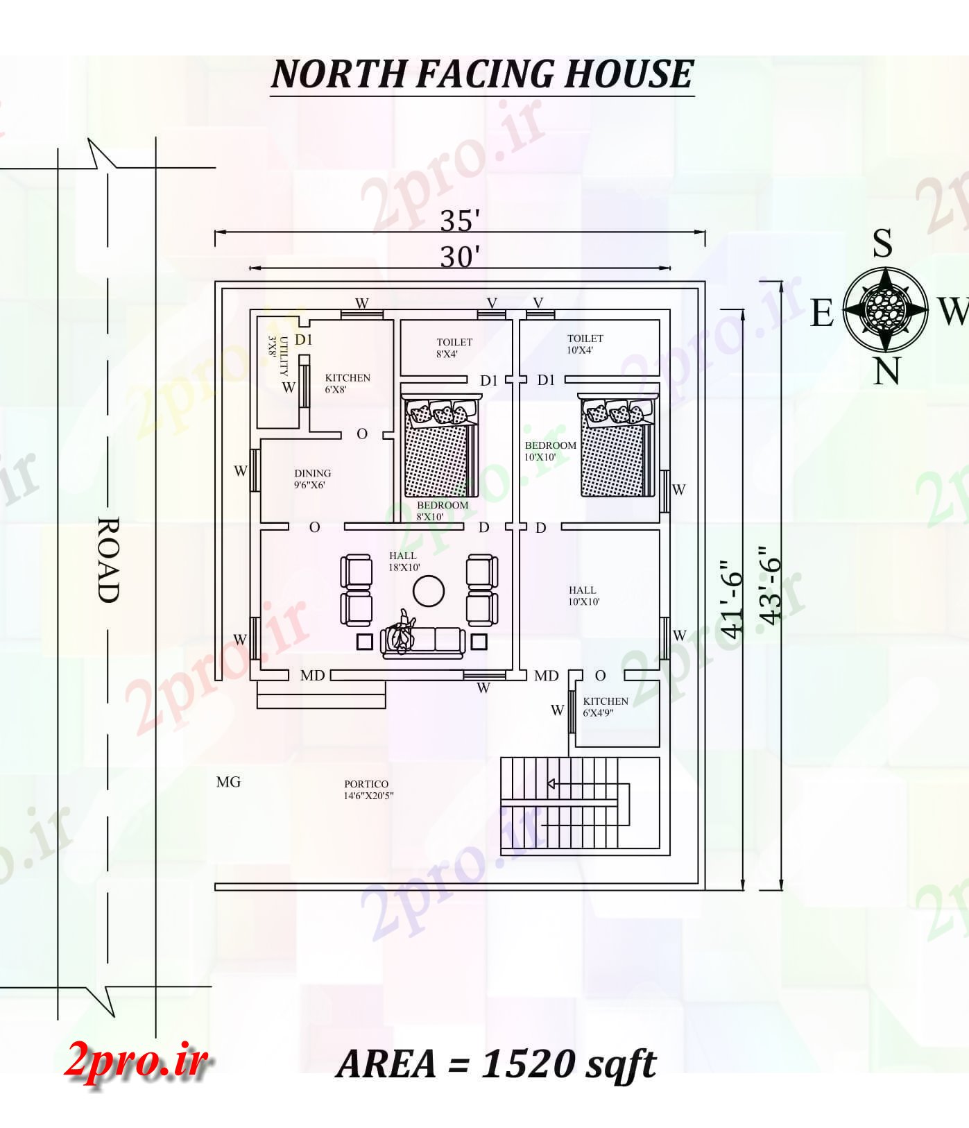 دانلود نقشه 35'x41'6 "خانه های دو 1BHK مسکونی برای هدف اجاره - اتوکد  اطلاعات  (کد29887)