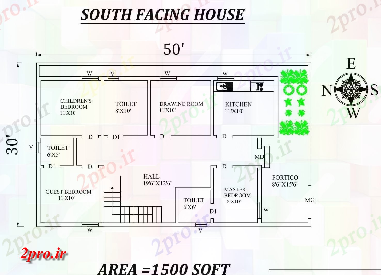 دانلود نقشه 50'x30 'شگفت انگیز جنوبی روبرو فایل 3BHK Houseplan نشیمن همانطور که در Vastu Shastra هستند با راه پله های داخلی است.  (کد29888)