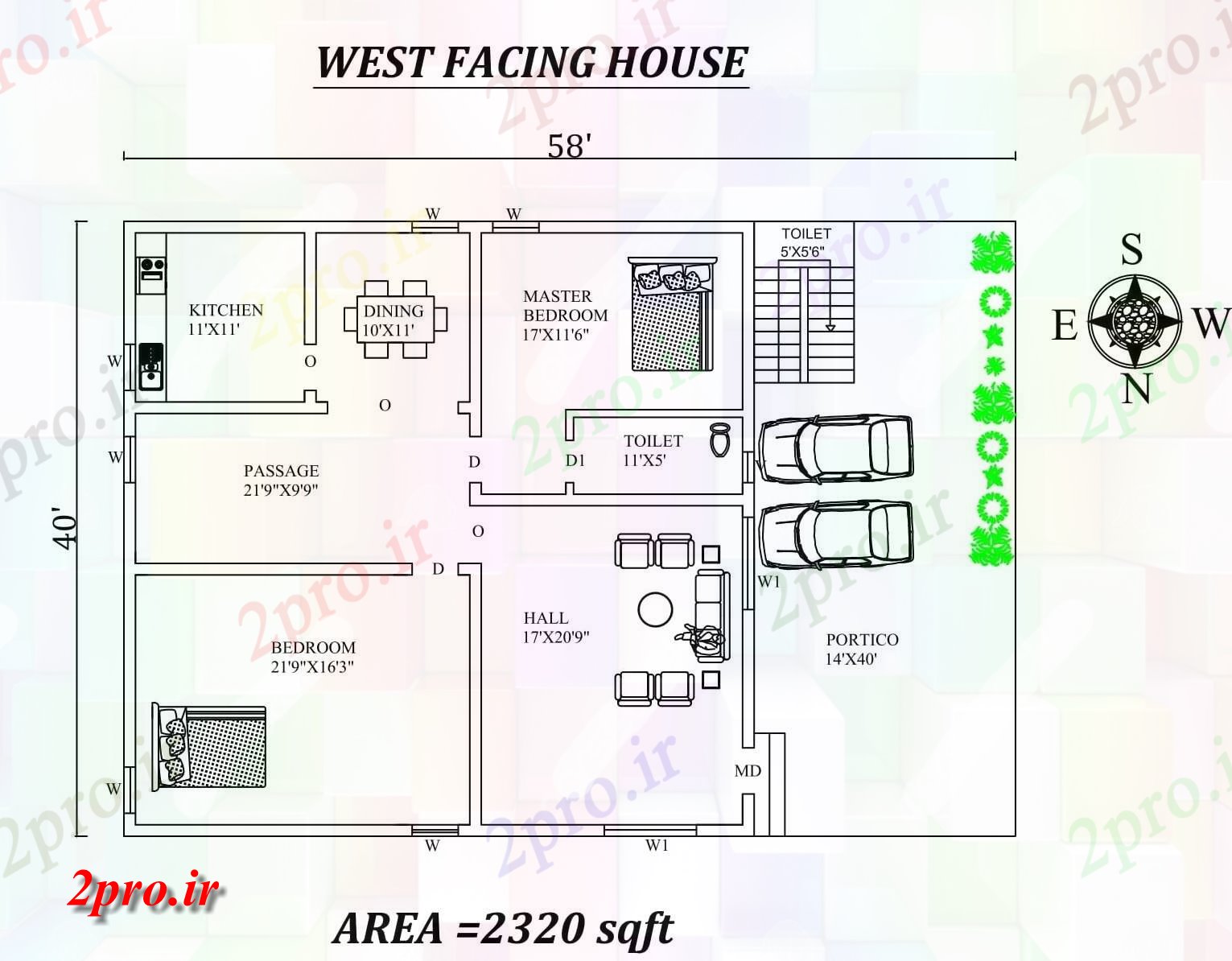 دانلود نقشه 58'x40 '2 غرب BHK مواجه طرح خانه به عنوان در هر Vastu را shatra-  اطلاعات  (کد29903)