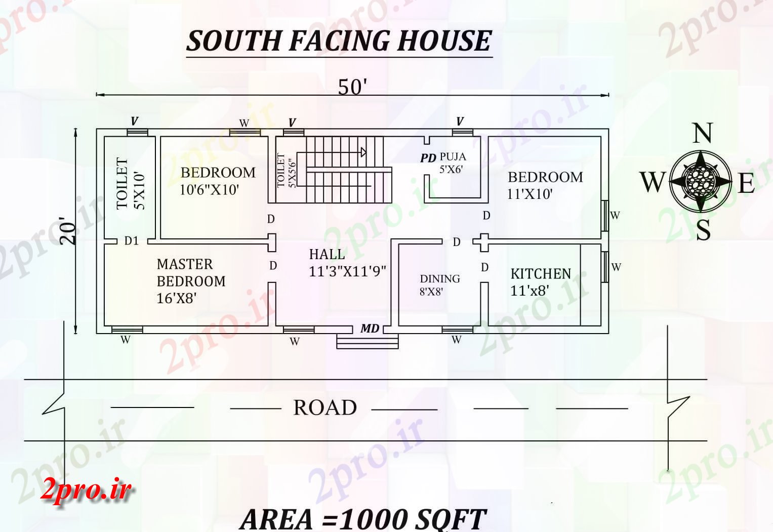 دانلود نقشه 50'x20، 3BHK جنوبی روبرو جزئیات فایل مجلس طرح به عنوان در هر Vastu را Shatra- اتوکد 24 در 60 متر (کد29904)