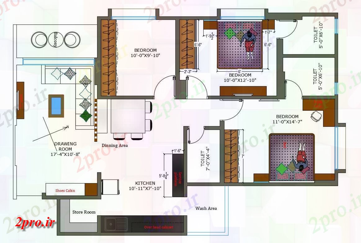 دانلود نقشه نمونه مبله 3 BHK آپارتمان طراحی طرح معماری طرح  (کد29933)