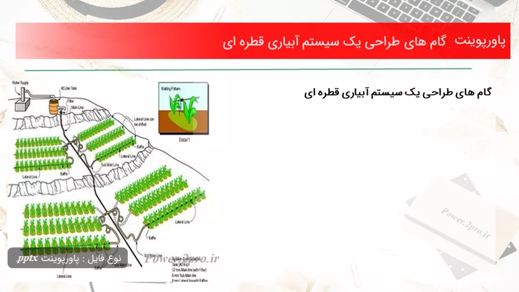 دانلود پاورپوینت گام های طراحی یک سیستم آبیاری قطره ای - کد100841