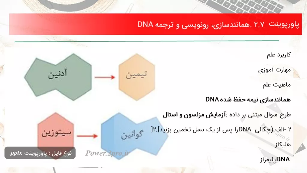 دانلود پاورپوینت 2.7. همانندسازی، رونویسی و ترجمه DNA - کد102351