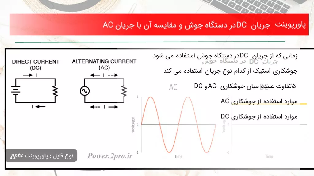 دانلود پاورپوینت جریان DC در دستگاه جوش و مقایسه آن با جریان AC - کد105827