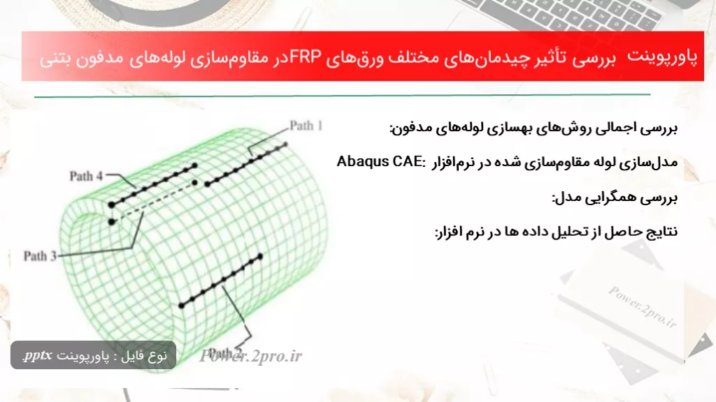 دانلود پاورپوینت بررسی تأثیر چیدمان‌های مختلف ورق‌های FRPدر مقاوم‌سازی لوله‌های مدفون بتنی - کد114702