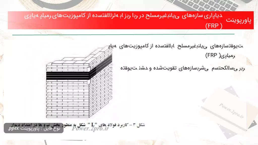 دانلود پاورپوینت ﭘﺎﯾﺪاری سازه‌های ﺑﻨﺎﯾﯽ غیرمسلح در ﺑﺮاﺑﺮ زﻟﺰﻟﻪ ﺑﺎ اﺳﺘﻔﺎده از کامپوزیت‌های ﭘﺎﯾﻪ ﭘﻠﯿﻤﺮی (FRP ) - کد114968