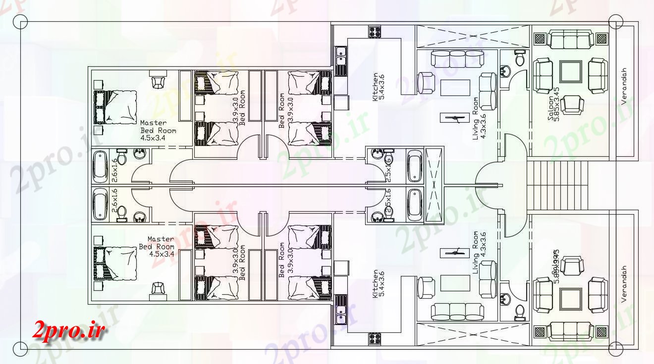 دانلود  نقشه مسکونی ، ویلا ، دوبلکس ، اپارتمان 14×24 متر (کد30032)