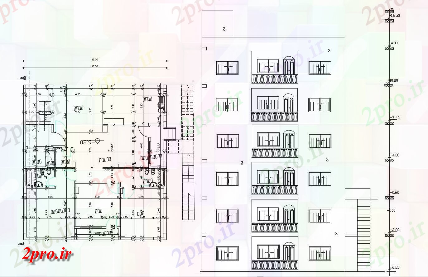 دانلود نقشه نما مسکونی ، ویلا ، دوبلکس ، اپارتمان 13×14 متر 12 در 14 متر (کد30327)