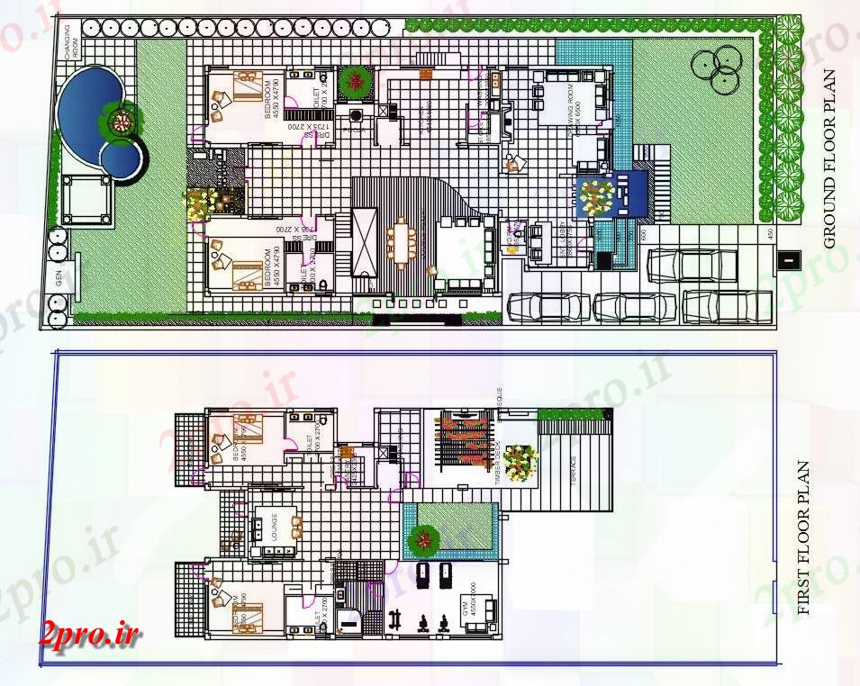 دانلود نقشه ویلا ، مسکونی ، دوبلکس باغ استخردار 14×27 متر (کد30617)