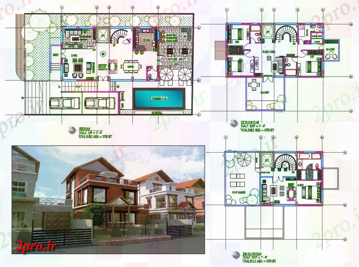 دانلود نقشه خانه طراحی با استخر و باغ به فایل اتوکد  (کد30646)